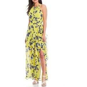Eliza J Halter Yellow Floral Print Sleeveless Ruffle Long Maxi Dress size 8